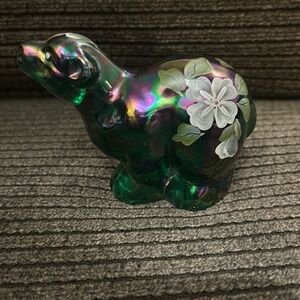 Fenton Emerald Green Carnival Glass Polar Bear Hand Painted Signed